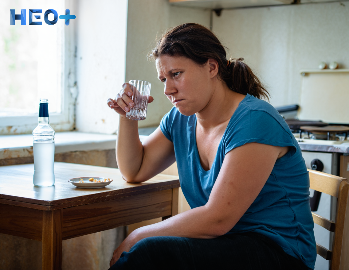 Женщина сидит за столом на кухне и пьет водку